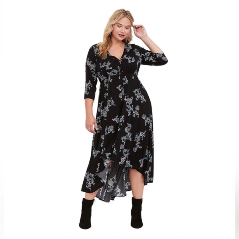 Torrid Black Floral Hi-Lo Challis Dress - Picture 1 of 8
